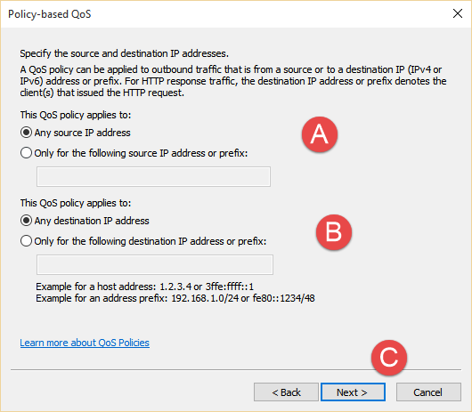 Define the QoS policy source/destination